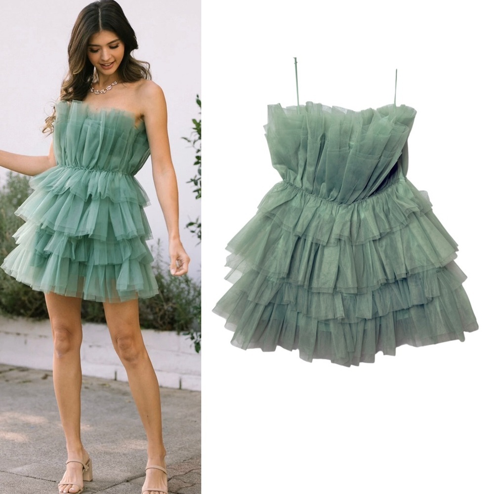 MABLE Petal & Pup Green Sage Tulle Tiered Women’s Mini Party dress Sz M